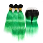#T 1B/Green Straight Ombre Colored Hair Bundles With Lace Closure 4X4 JCXT-469