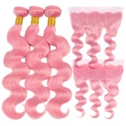 Rose Pink Body Wave Pure Colored Hair Weaves With Lace Frontal 13X4 JCXT-417