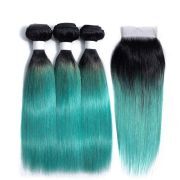 #T 1B/Teal Green Straight Ombre Colored Hair Bundles With Lace Closure 4X4 JCXT-394