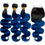 #T 1B/Dark Blue Body Wave Ombre Colored Hair Bundles With Lace Closure 4X4 JCXT-137