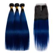 #T 1B/Dark Blue Straight Ombre Colored Hair Bundles With Lace Closure 4X4 JCXT-138