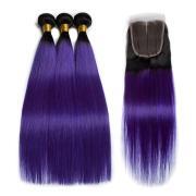 #T 1B/Purple Straight Ombre Colored Hair Bundles With Lace Closure 4X4 JCXT-455