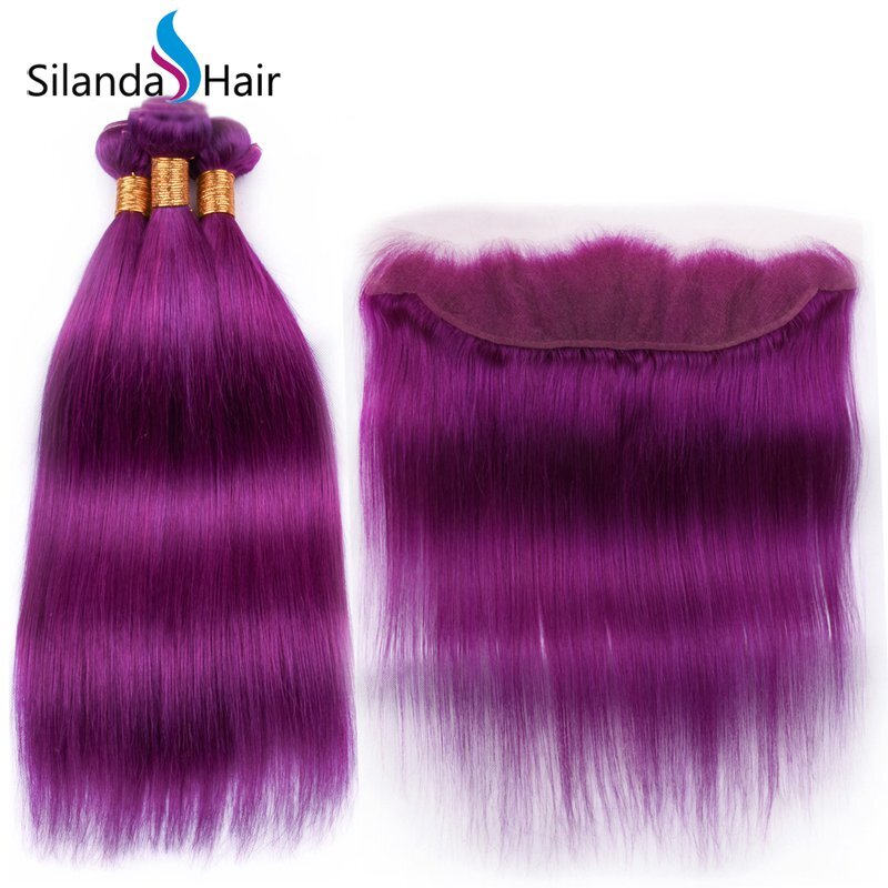 Purple Straight Remy Human Hair Weaving Bundles With Lace Frontal 13X4 JXCT-228