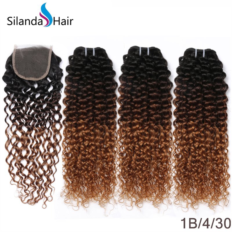 #T 1B/4/30 Kinky Curly Remy Human Hair Ombre Hair Bundles