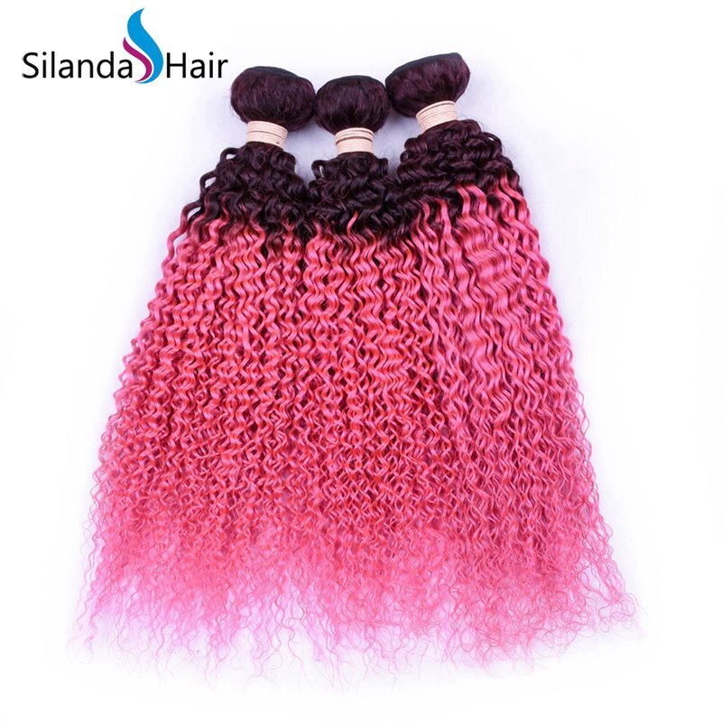 Top Grade #T 1B/Pink Kinky Curly Remy Human Hair Ombre Hair Bundles