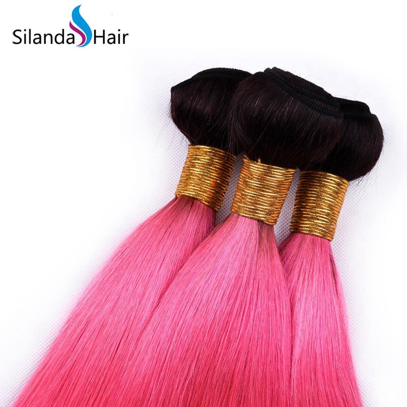 #T 1B/Pink Straight Remy Human Hair Ombre Hair Bundles