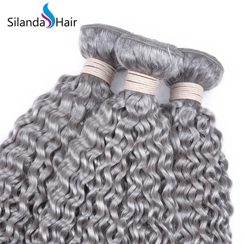 Grey Kinky Curly Remy Human Hair Weaving Bundles