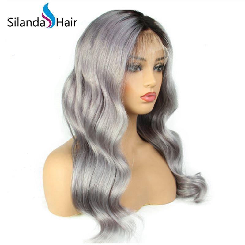 Silanda Hair Top Grade Ombre #T 1B/Grey Body Wave Brazilian Remy Human Hair Lace Front Full Lace Wigs