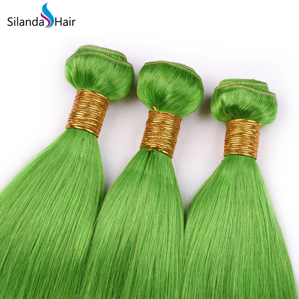 Silanda Hair Pre Colored Light Green Brazilian Remy Human Hair Weaving Weft Straight Hair Weaves 3pcs/pack