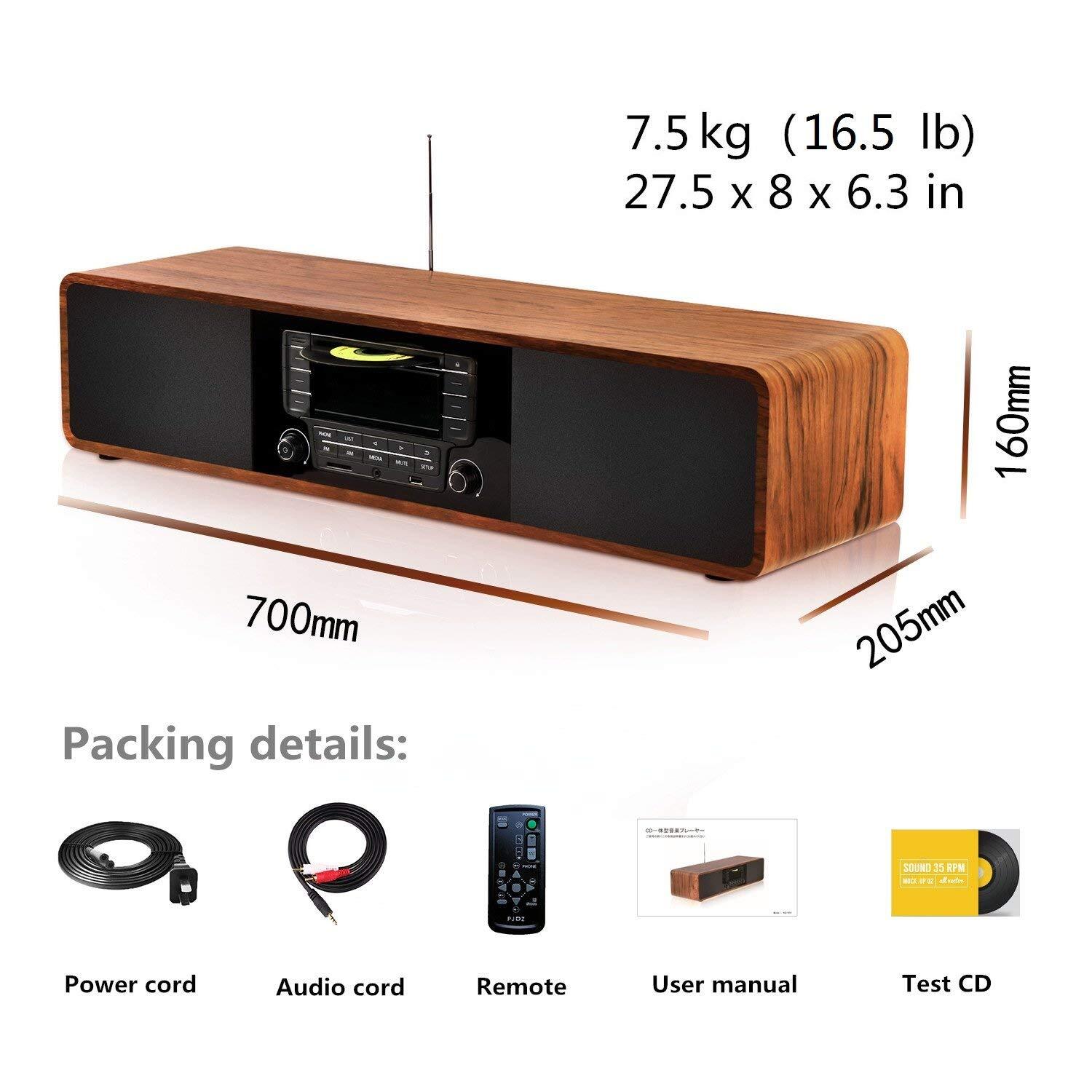 KEiiD Compact CD/MP3 Player Stereo Wooden Desktop Bluetooth Hi-Fi Speaker Portable Boombox Home Audio Component Music System with FM Radio Digital Tuner Remote Control SD AUX,Soundbar