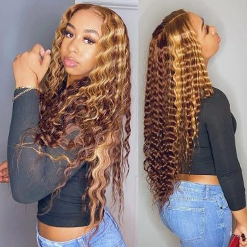 Goldenwigs Blonde curly lace front wig with baby hair and Ombre 13x1 Brazilian Brown Color Deep Water Wave covering Hd Full Fron