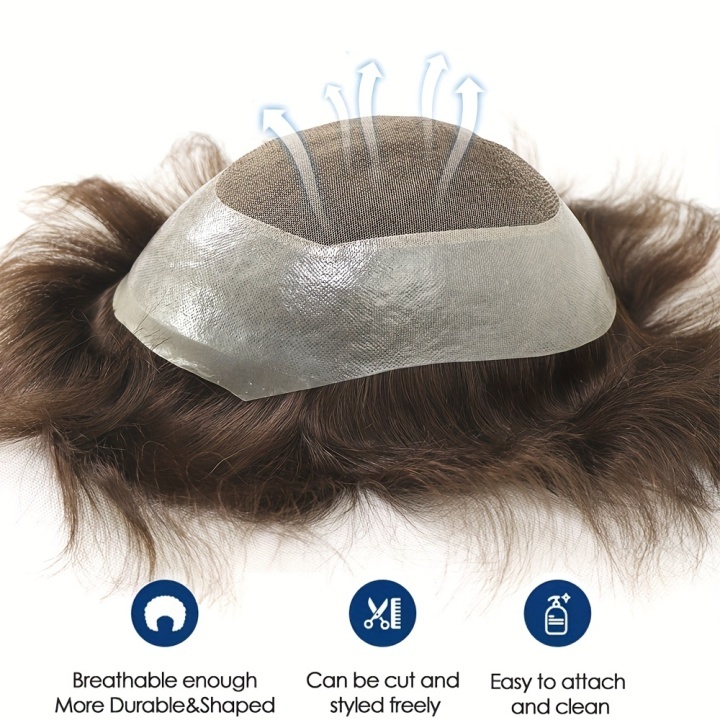 Sleek Chic Men'S Lace PU Base Wig - Straight Brown Human Hair Capillary Prosthesis, Breathable & Comfortable for Natural Look, Elegant Style for Men, Hairpiece for Balding, Everyday Hairpiece, Sleek Chic