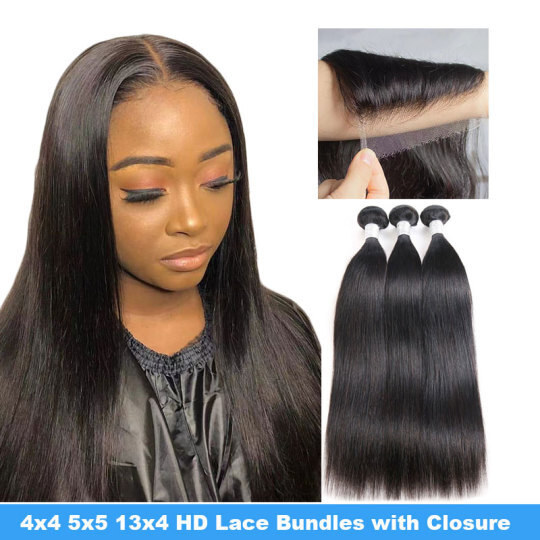 Straight HD Lace Closure Frontal With 3PCS Bundles Virgin Hair