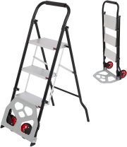 LEADALLWAY 3 Step Ladder Dolly Cart 2-in-1 Portable No-Slip Folding Step Stool