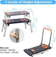 LEADALLWAY 7-in-1 Folding Portable Workbench Painted Work Table as Workbench, Scaffold,Platform,Sawhorse,Car Creeper and Hand Truck with 4 Wheels