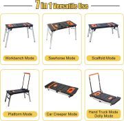 LEADALLWAY 7-in-1 Folding Portable Workbench Painted Work Table as Workbench, Scaffold,Platform,Sawhorse,Car Creeper and Hand Truck with 4 Wheels