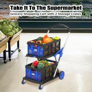 LEADALLWAY Grocery Shopping Cart with 2 Storage Crates Multi Use Functional Collapsible Carts Blue
