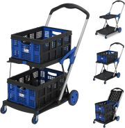 LEADALLWAY Grocery Shopping Cart with 2 Storage Crates Multi Use Functional Collapsible Carts Blue