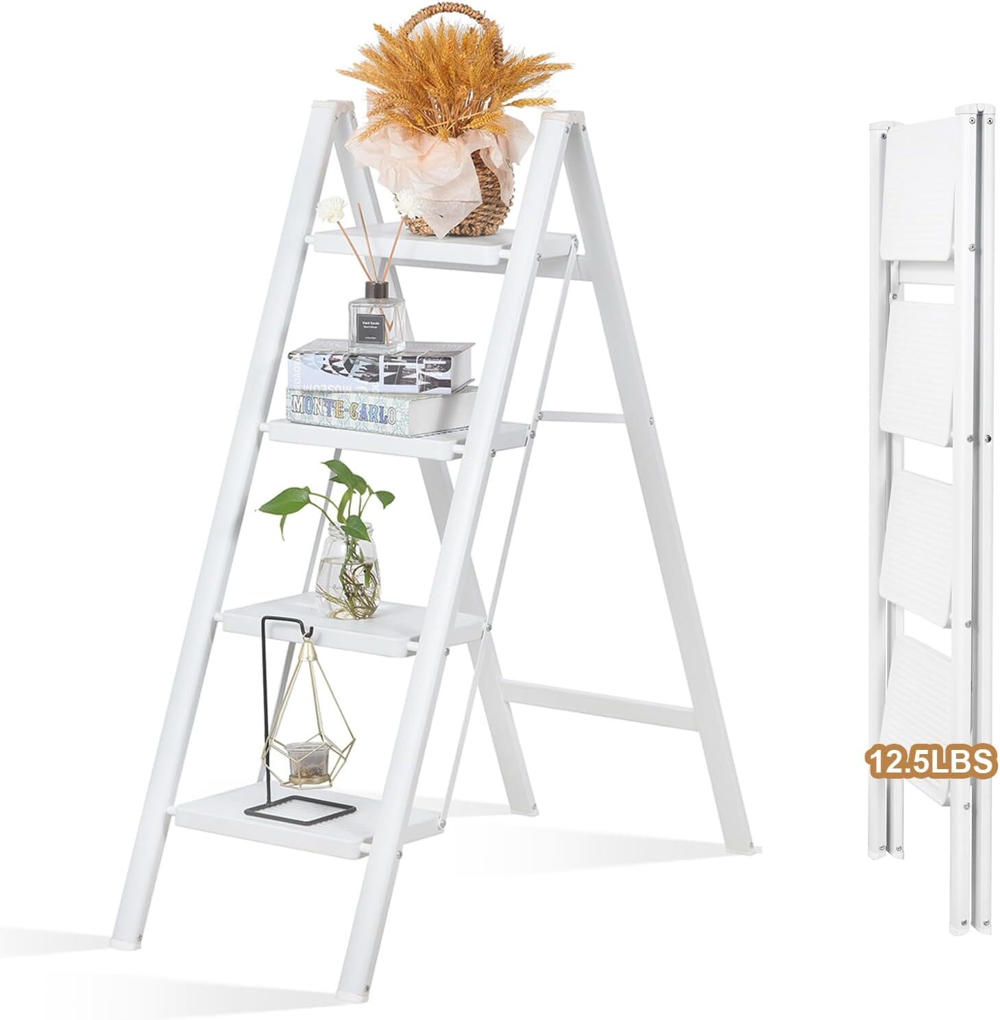 Lightweight 4 Step Closet Step Ladder Designed Specifically for Women Folding Step Stool Ladder for Home Kitchen Plant Stand Adder 330 Lbs Capacity White A good helper for professional construction wo...