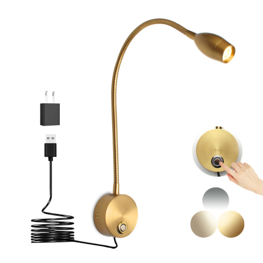 Gooseneck 3W LED Touch Tri-Color Dimming Hose Lamp Headboard Reading Light Switch Wall Plug USB Gold Style # G01112