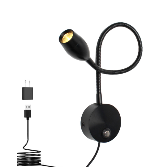 Gooseneck 3W LED Wall Light Touch Tri-Color Dimming Picture Lamp Switch Plug USB Black Style # G01112