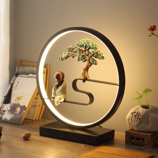 10W LED Chinese Style Table Lamp Bedroom Bedside Light Zen Monk Circle Shape Switch Plug-in Style # G07017