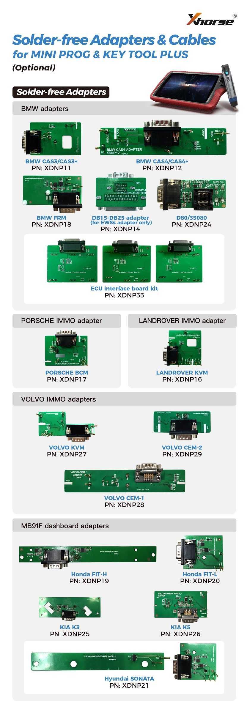 Xhorse Solder Free Adapters Work for VVDI Mini Prog, VVDI Prog and Key Tool Plus Xhorse Solder Free Adapters Work for VVDI Mini Prog, VVDI Prog and Key Tool Plus mini prog adapters,key tool plus adapter,free solder adapters