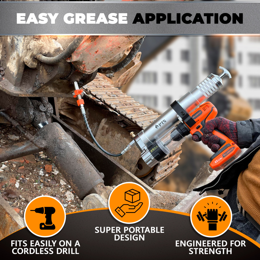 PTS Grease Gun Attachment for Cordless Drill Transform an Impact Driver or Drill into a Battery Operated, Electric Powered Grease Gun - with Adapter Accessories Kit, Hose and Pump Fitting