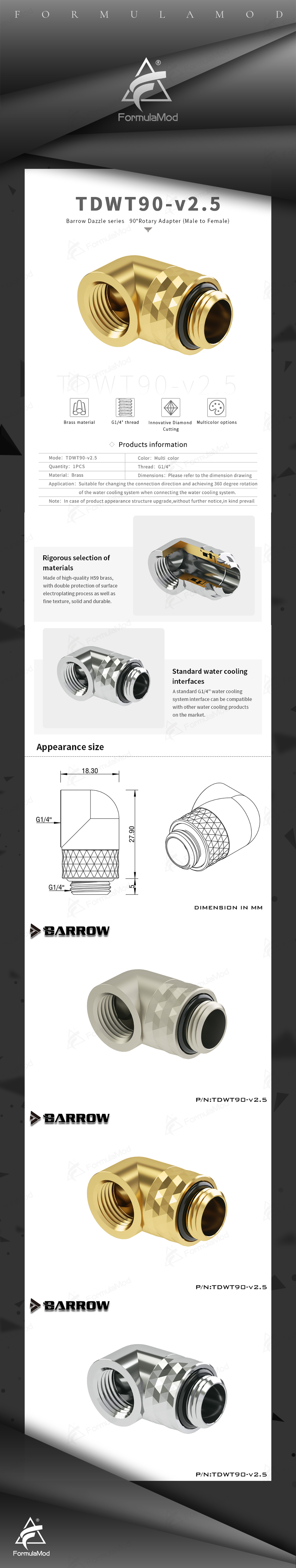 Barrow G1/4''Thread 90 Degree Male To Female Water Cooling Adaptors, Water Cooling Fitting, TDWT90-v2.5  