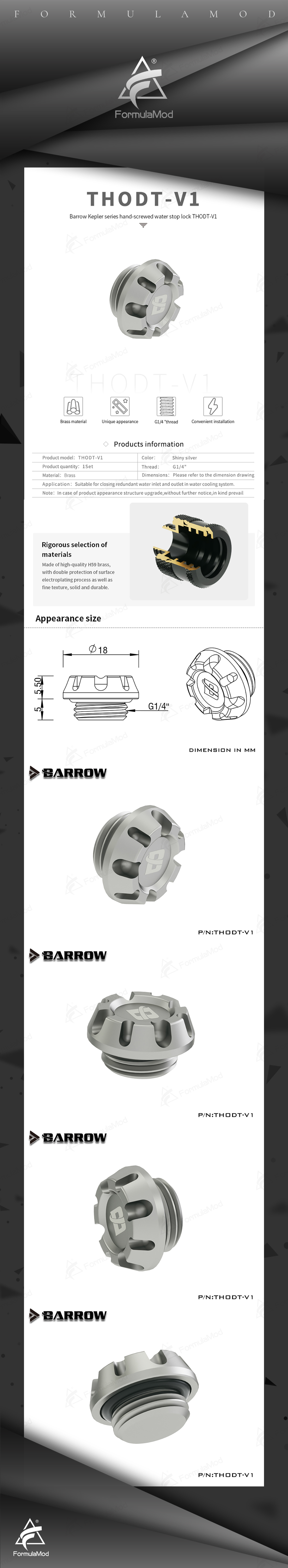 Barrow G1/4" Kepler Sliver Series Stop Plug Fitting, Water Stop Fitting, THODT-V1  