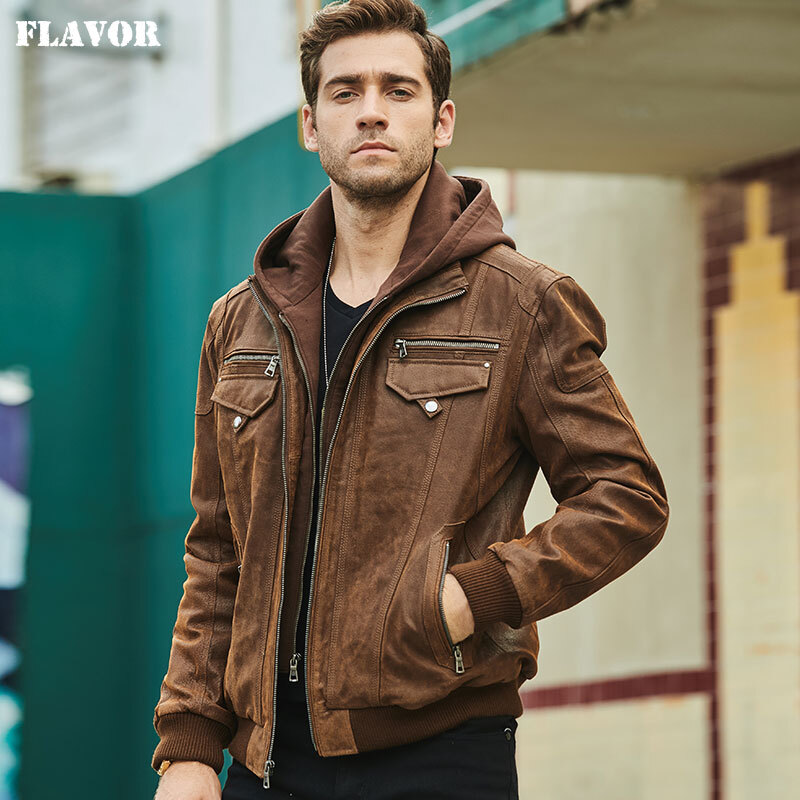 Buy removable hooded leather moto jacket