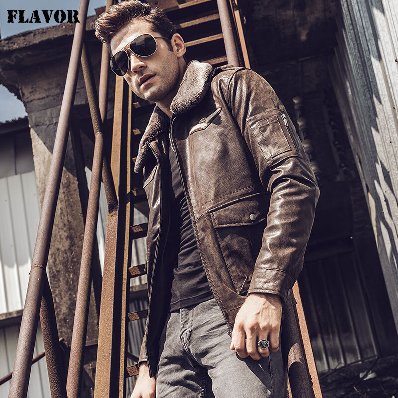 Flavor Men's Real Leather Bomber Jacket with Removable Fur Collar Aviator