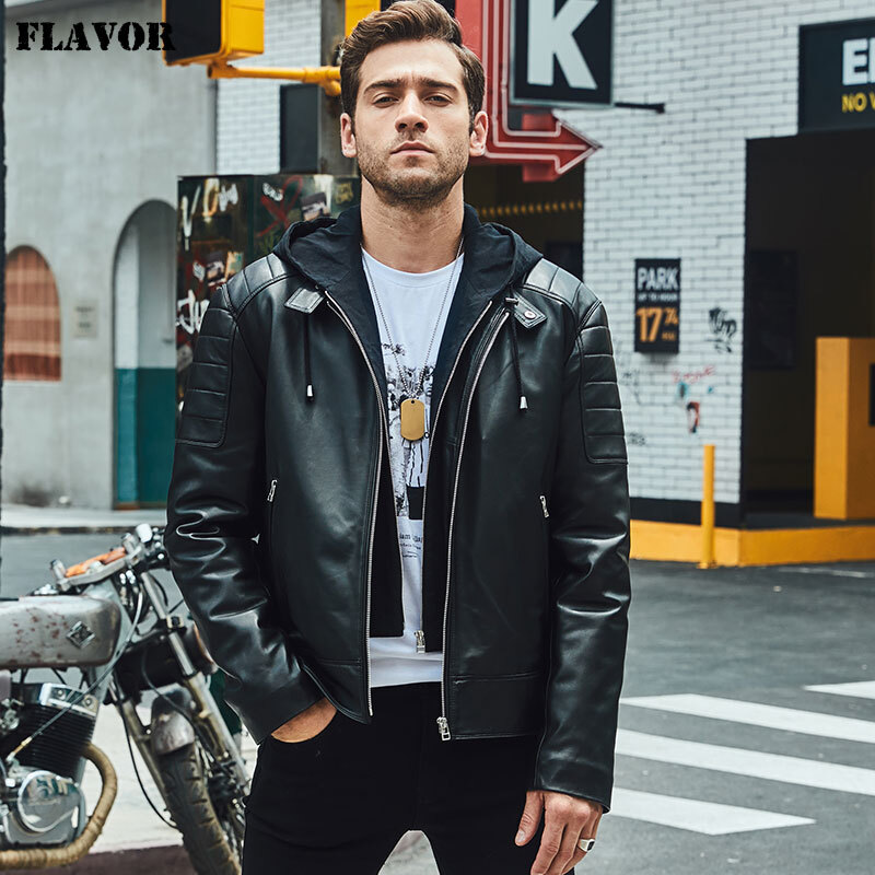 FLAVOR Men Brown Leather Motorcycle Jacket with Removable Hood at   Men’s Clothing store