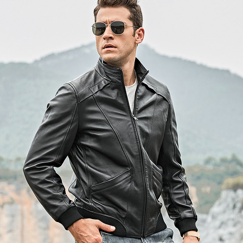 Stand collar leather jacket