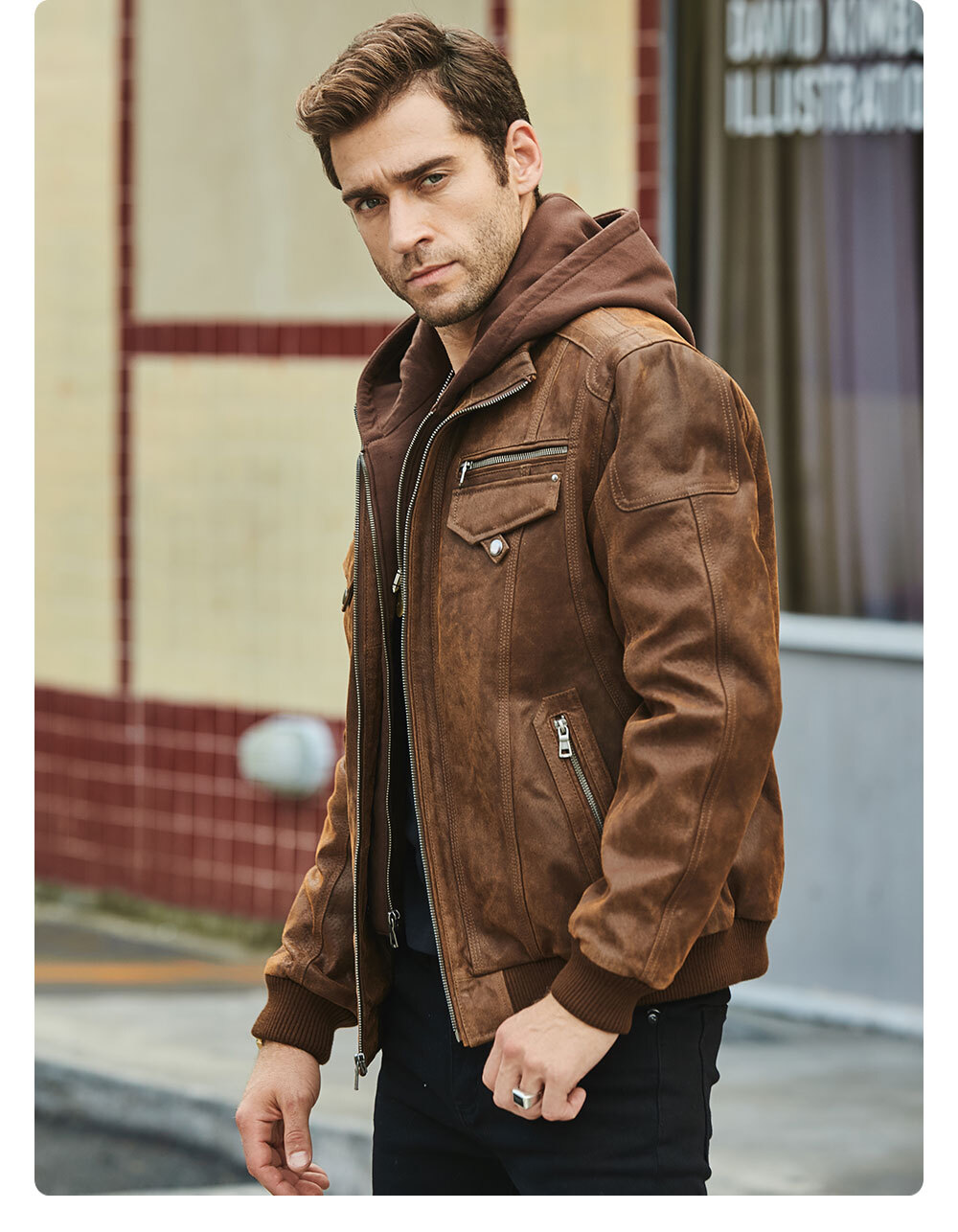 Men's Leather Removable Hooded Jacket Rib Trim MXGX282 Buy removable hooded leather moto jacket| leather removable hooded jacket brands