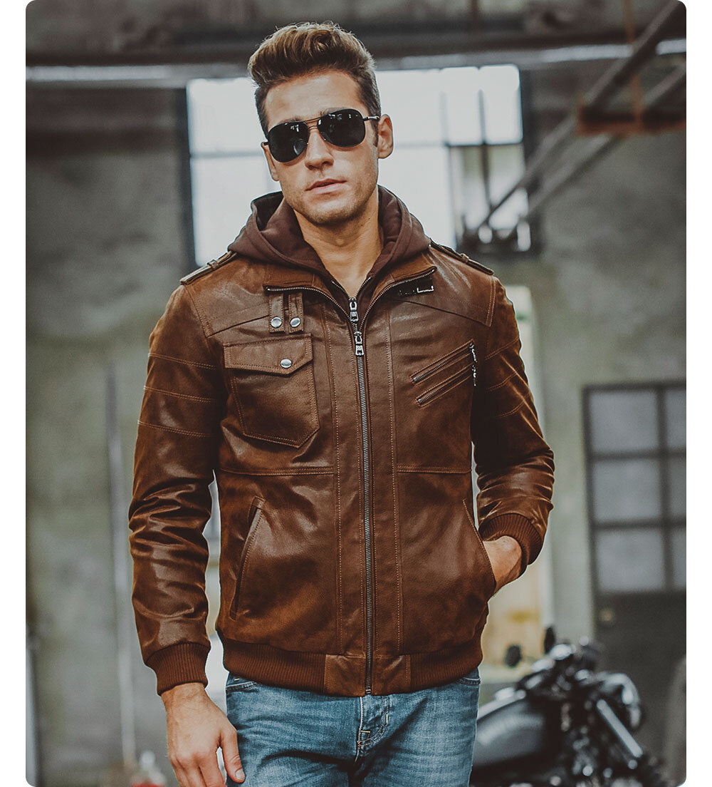 Men's Brown Leather Moto Jacket with Removable Hooded M2016-95 Removable hooded leather moto jacket brands| removable hooded flavor leather moto jacket