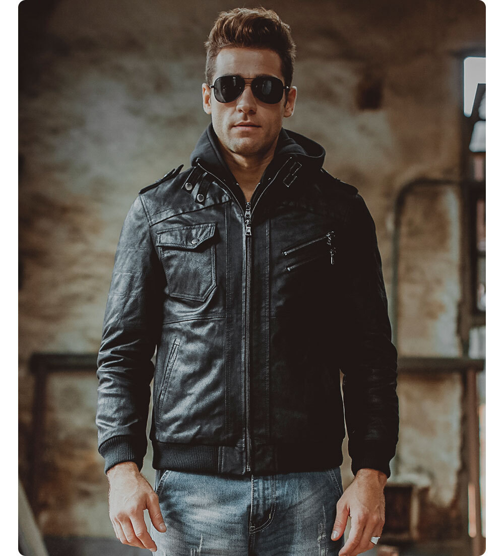 Men's Brown Leather Moto Jacket with Removable Hooded M2016-95 Removable hooded leather moto jacket brands| removable hooded flavor leather moto jacket