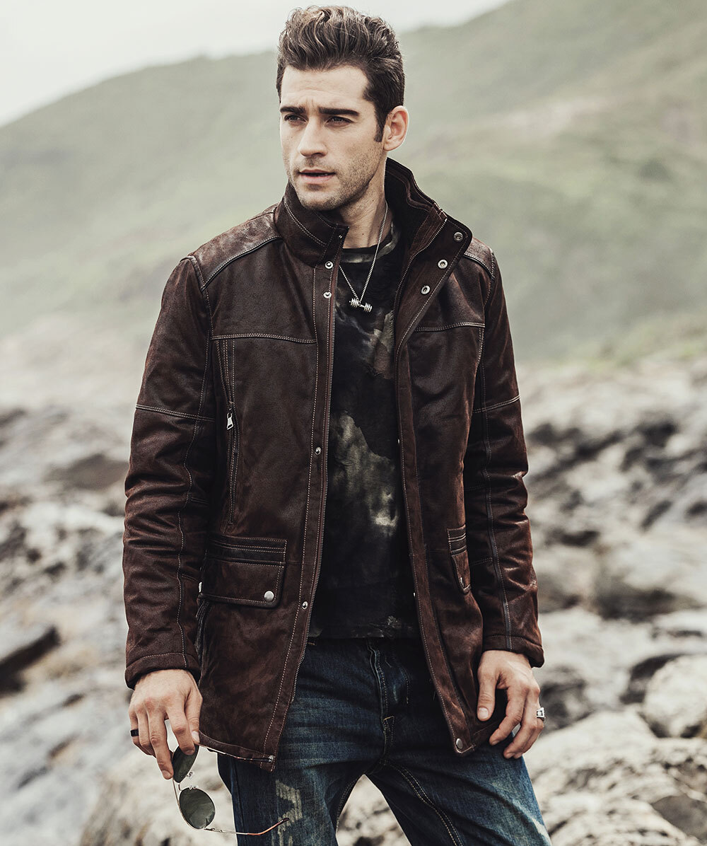 Men's Brown Leather Jacket Stand Collar 73143 Buy removable hooded leather jacket| buy flavor leather jacket brown biker