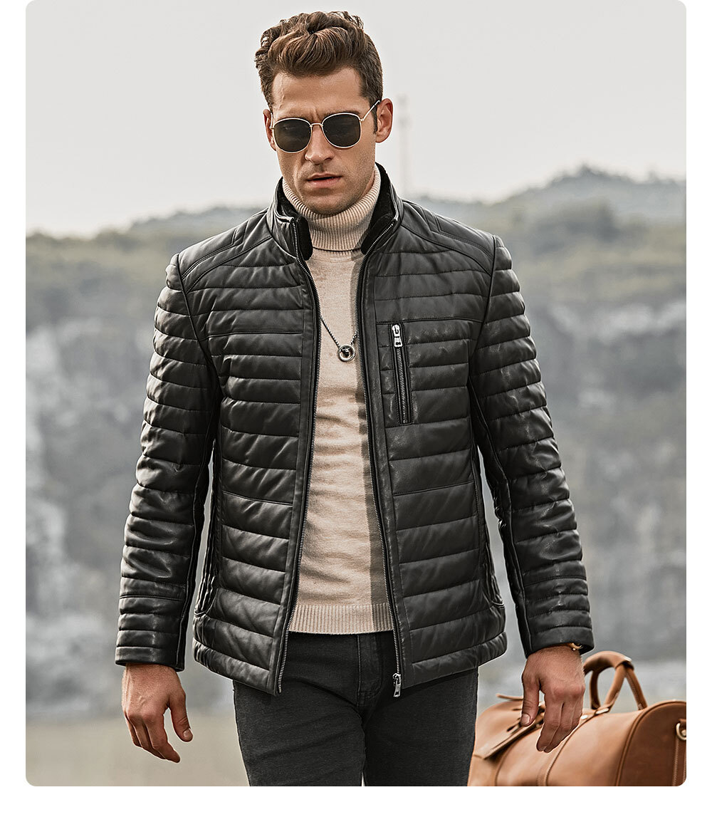 Men's Leather Puffer Jacket with Fur collar 196 Buy lambskin removable fur collar down jacket| buy stand collar flavor leather motorcycle jacket