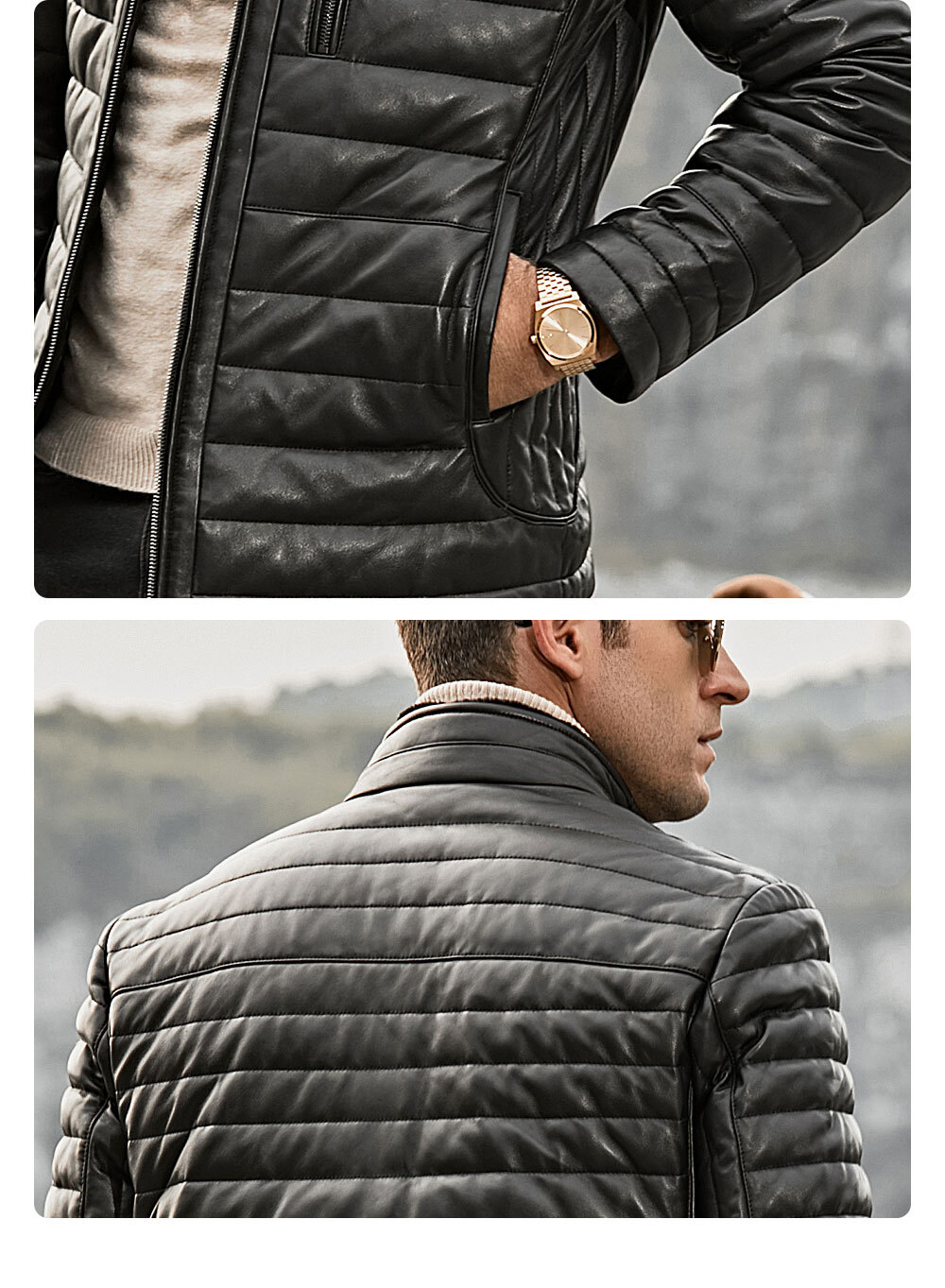 Men's Leather Puffer Jacket with Fur collar 196 Buy lambskin removable fur collar down jacket| buy stand collar flavor leather motorcycle jacket