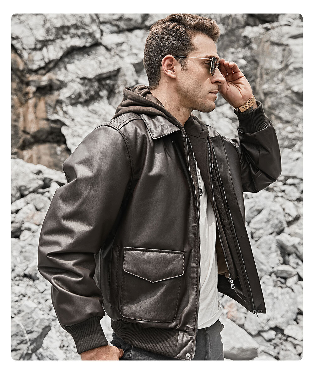 Men's Hooded Leather Bomber Jacket MXGX173 Lambskin leather moto hooded jacket brands| men's lambskin hooded leather jacket brands