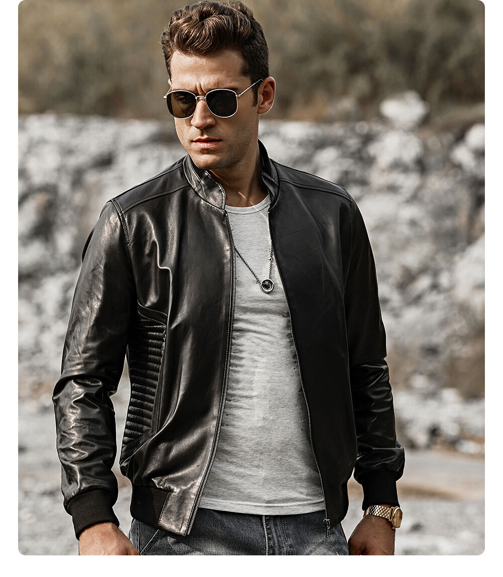 Men's Stand collar Leather Moto Jacket Knit Trim 137 Buy discount stand collar flavor leather motorcycle jacket| fashion stand collar leather moto jacket