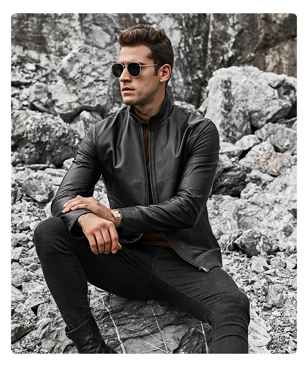 Men's Leather Moto Jacket Sheepskin Stand Collar 164 100% polyester flavor leather moto jacket| men's lambskin flavor leather moto jacket