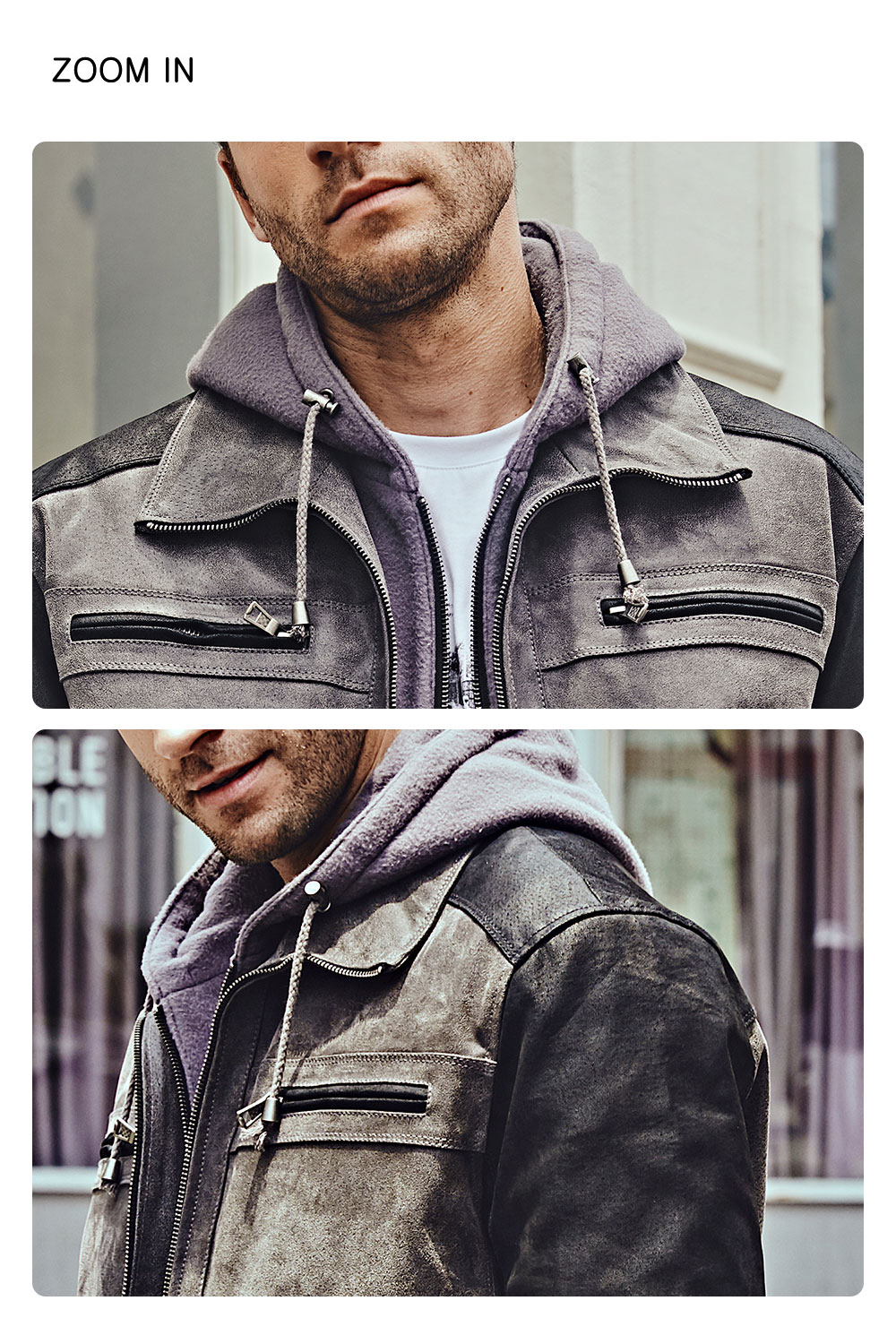 Men's Grey Leather Biker Jacket Removable Hood  MXGX284 100% polyester removable hood grey leather biker jacket| buy polyester removable hood grey leather biker jacket