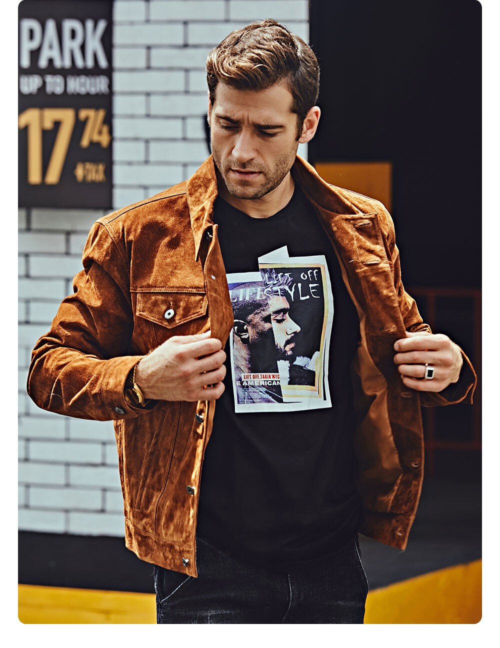 Men's Leather Denim Jacket Brown MXGX289 Discount 100% polyester flavor leather denim jacket| buy discount 100% polyester flavor leather denim jacket