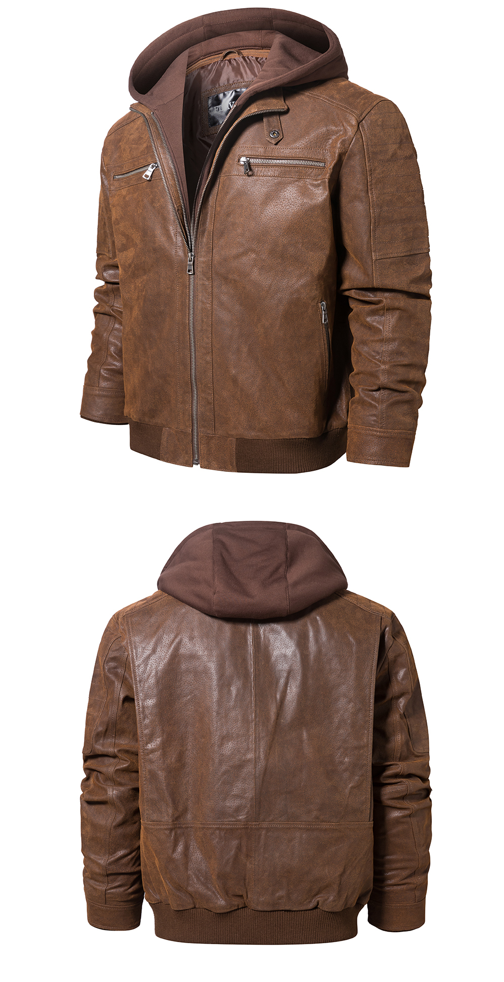 FLAVOR Men's Real Leather Jacket Pigskin Motorcycle Removable Hooded Jacket M2015-73 