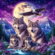 Sunature Diamond Painting Art Full Square Round Drills Wolf Family Moon Diamond Painting Kit