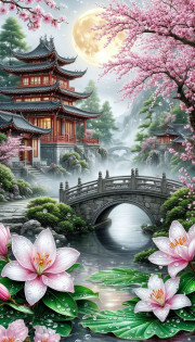 Sunature Diamond Painting Art Full Square Round Drills Pavilion Moon Bridge Diamond Painting Kit