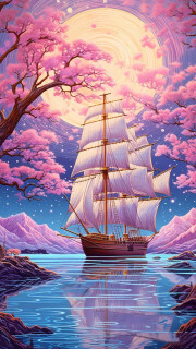 Sunature Diamond Painting Art Full Square Round Drills Pink Sailboat Moon Diamond Painting Kit