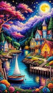 Sunature AB Diamond Painting Art Full Square Round Drills Cabin Sailboat Moon Night Diamond Painting Kits (5-10 AB Colors)
